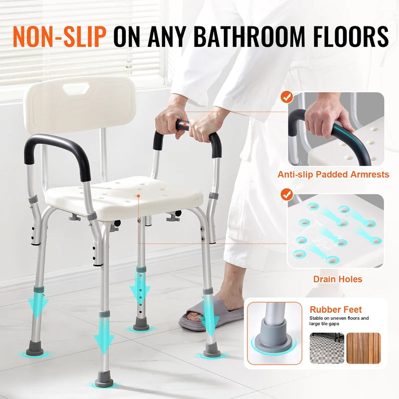 Adjustable Shower Chair with Backrest - Non-Slip Bathtub Seat for Elderly & Disabled, 350 LBS Capacity