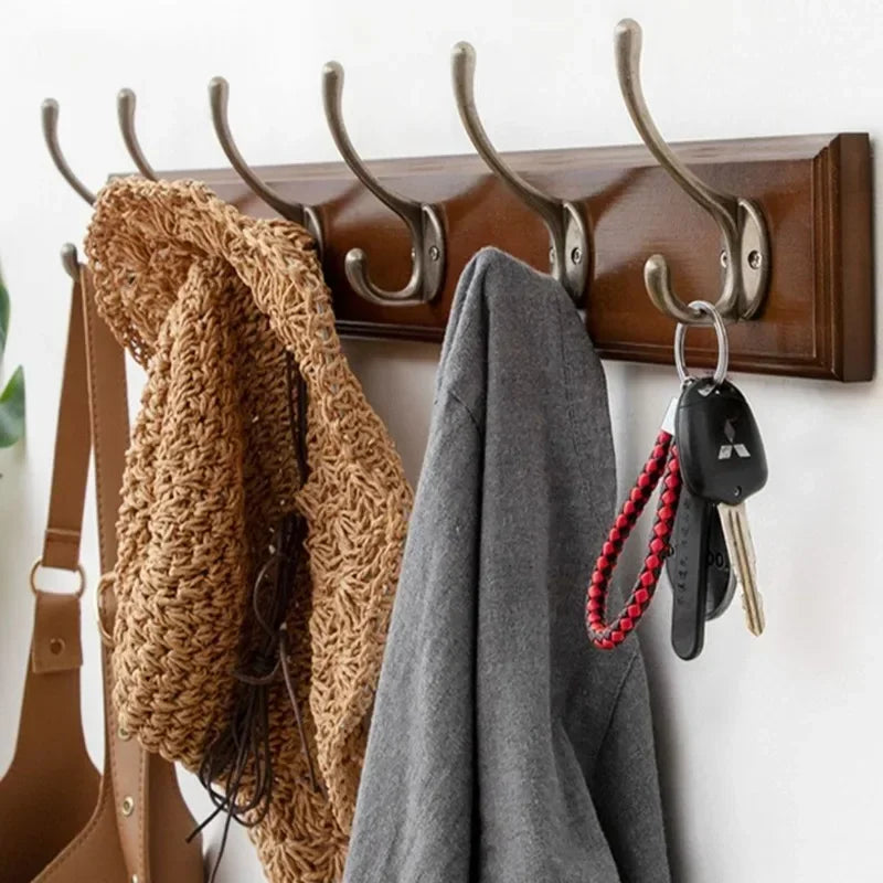 Wall-Mounted Bamboo & Zinc Alloy Coat Rack with Double Hooks - Retro Home Organizer