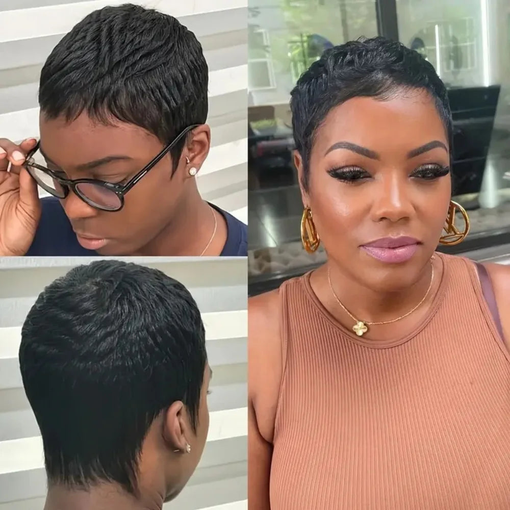 Curly Human Hair Wigs for Women - Short Pixie Cut Brazilian Hair, Full Machine Made