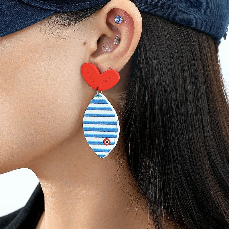 Summer Beach Nautical Fish & Heart Dangle Earrings for Women