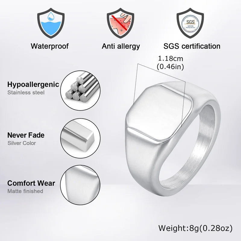 Stainless Steel Signet Ring for Men - Chunky Square Band 11.8mm Wide Gift