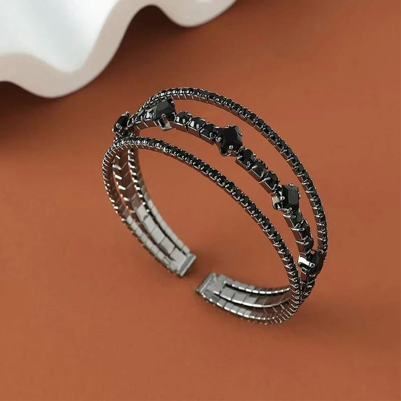 Gothic Black Open Ended Elastic Bracelet for Women 3-Row Zirconia Inlaid Copper Jewelry