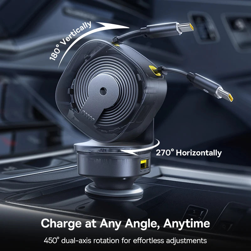 100W Car Charger with Dual USB-C Ports Fast Charging Retractable Cable 450° Rotation