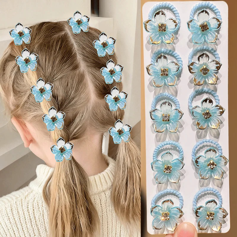 Girls Elastic Hair Bands with Rhinestone and Flower Decorations - Durable & High Elasticity Hair Ties for Braid and Ponytail