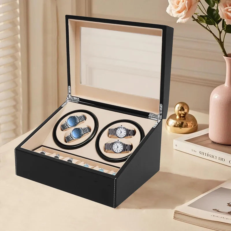 Automatic Watch Winder Display Box with PU Leather Finish - Holds 10 Watches, Black or Brown