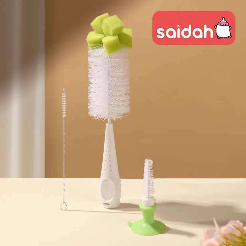 Baby Feeding Bottle Nipple & Pacifier Brush Set with Suction Cup - 2 in 1 Cleaning Tool