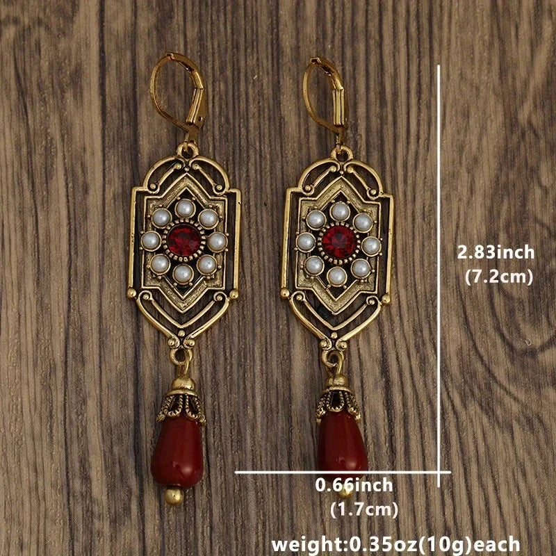 Vintage Women Earrings Gold Square Red Stones Imitation Pearl Party Jewelry