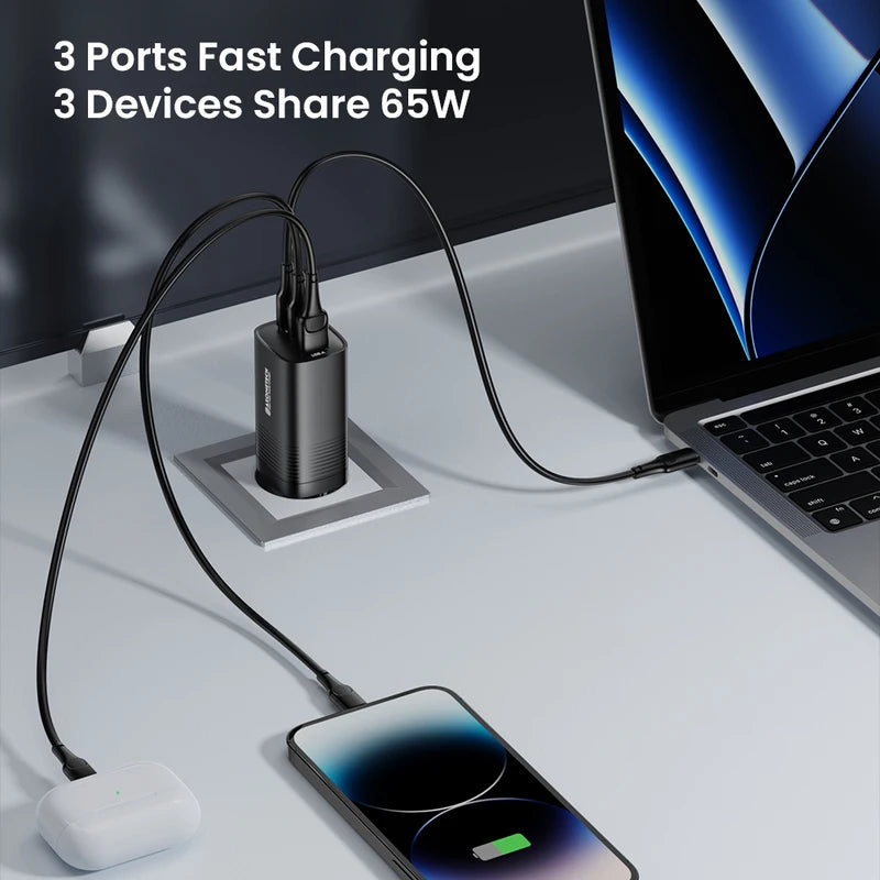 65W GaN USB-C Charger Fast Power Adapter PPS PD QC 3.0 for Smartphones & Laptops