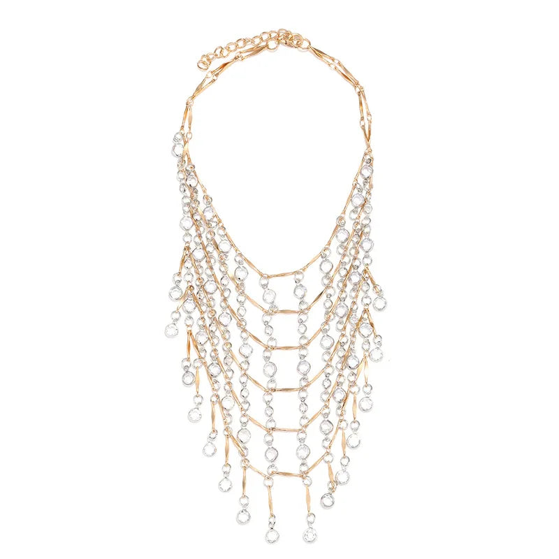 Multilayer Gold Waterfall Crystal Tassel Necklace for Women Bohemian Beach Wedding Party Jewelry Gift