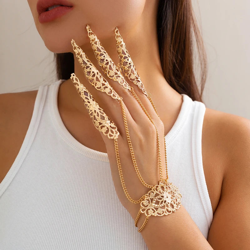Exaggerated Dubai Indian Finger Wrist Chain Bracelets for Women Punk Nail Rings with Bracelet - Y2K Steampunk Jewelry