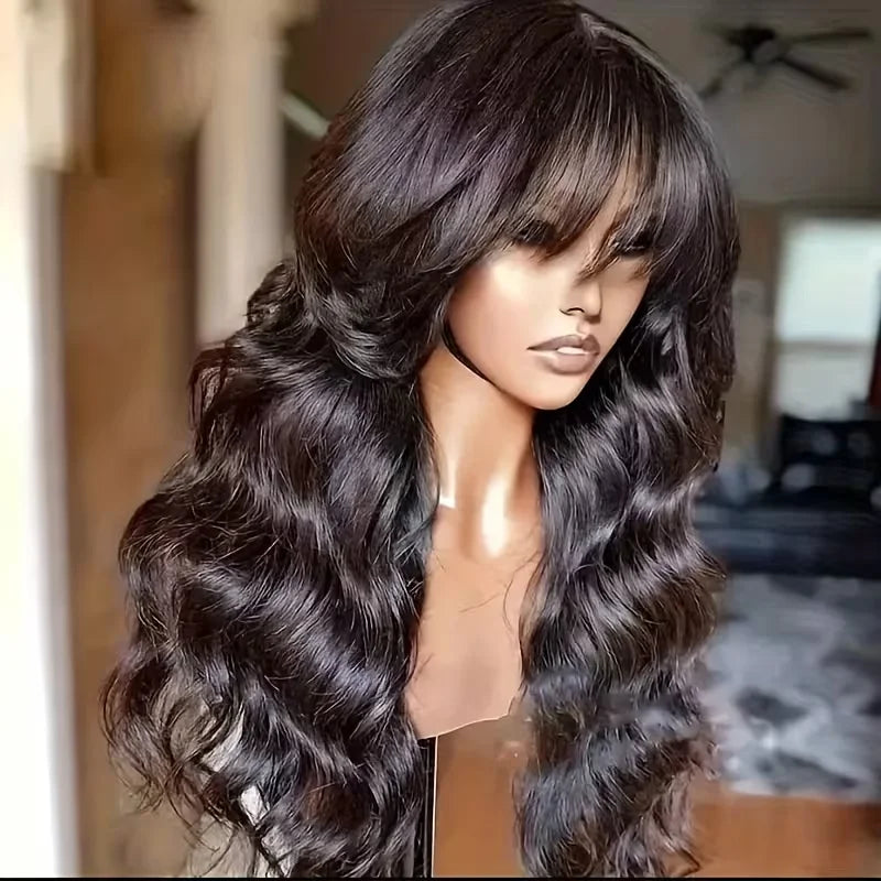 Body Wave Human Hair Wigs with Bangs - Full Machine Made Lace Wig, Brazilian Natural Color