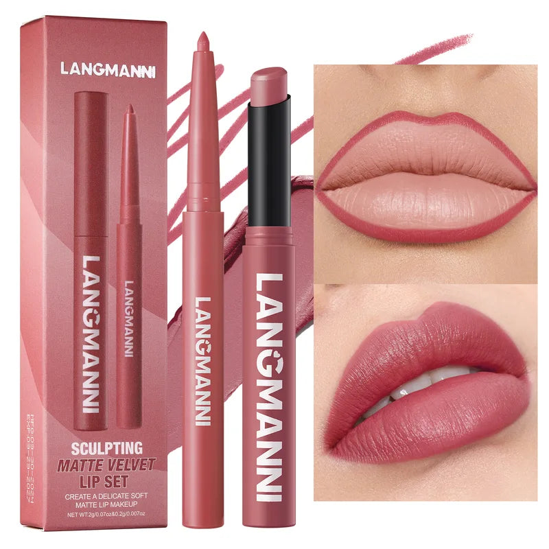 2Pcs Matte Lipstick & Lip Liner Set Long-Lasting Waterproof Lip Makeup
