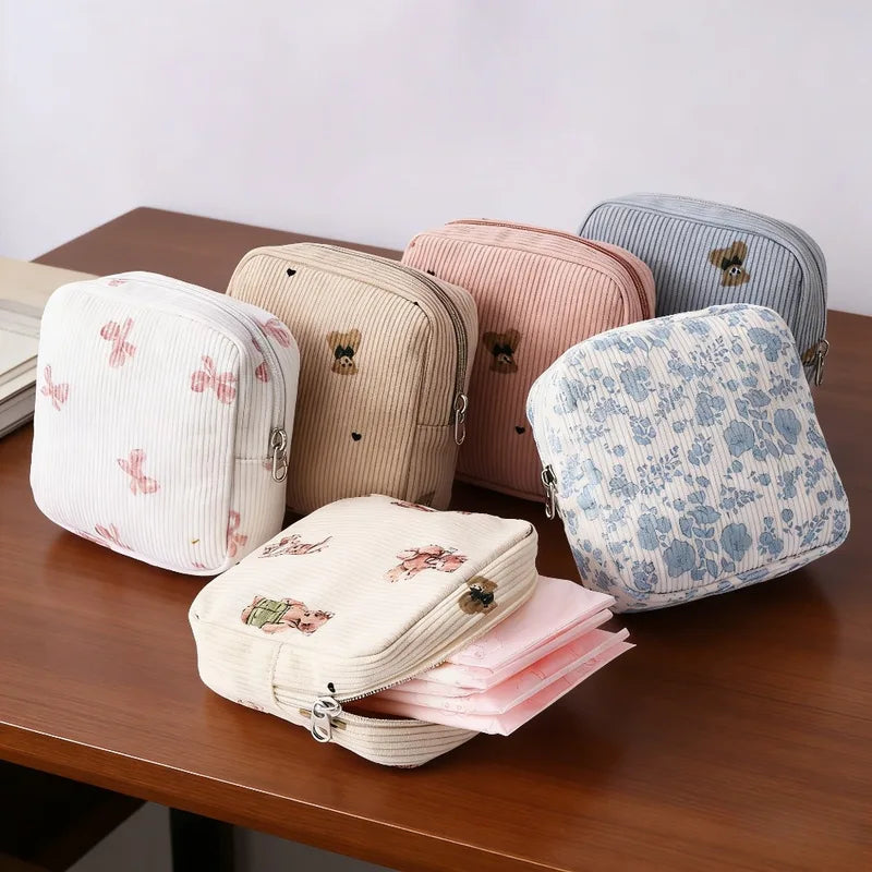 Multi-Functional Corduroy Small Square Storage Bag with Cotton Lipstick & Headphone Holder