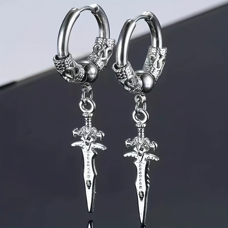 2PCS Stainless Steel Drop Hoop Earrings with Dragon Coil Sword Pendant - Punk Hip Hop Style for Men Women Daily Wear