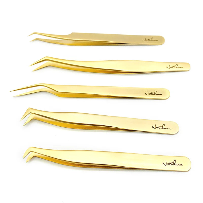 Anti-Static Eyelash Extension Tweezers - Professional Gold Stainless Steel for Volume Fans
