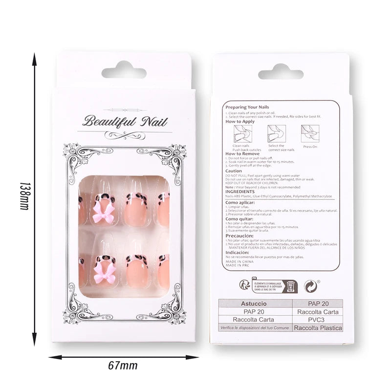 24Pcs Short Square Leopard French False Nails with Bowknot - Autumn & Winter Wearable Fake Nails