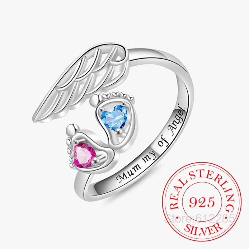 Sterling Silver Angel Wing Footprints Finger Ring for Women and Girls