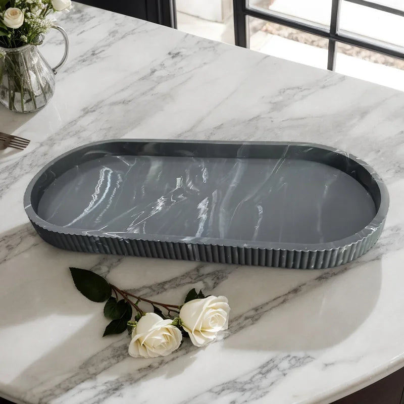 Oval Vanity Tray with Soap Dispenser and Jewelry Display Silicone Bathroom Organizer