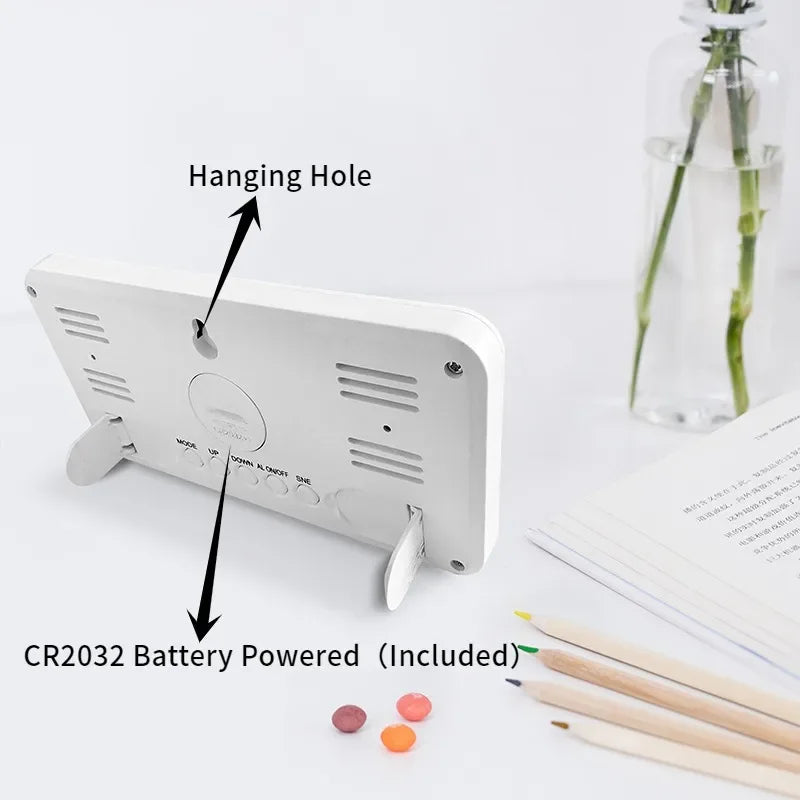 Digital Alarm Clock with Time & Date Display, Snooze Function, Wall-Mount LCD, Battery Powered