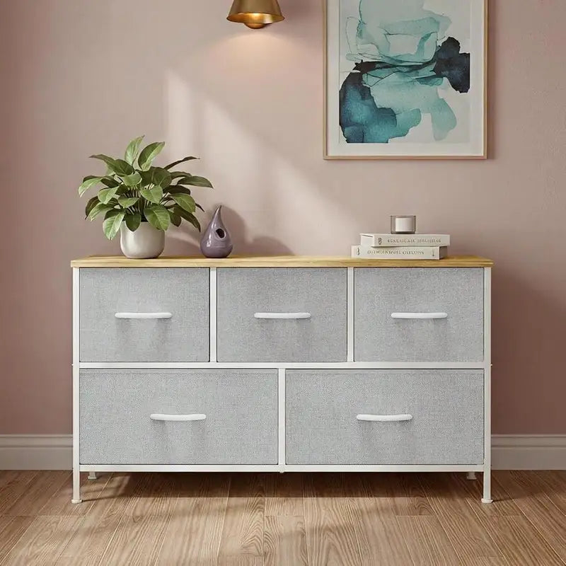 Fabric Dresser with 5 Drawers and Wooden Top - Metal Frame Storage Cabinet