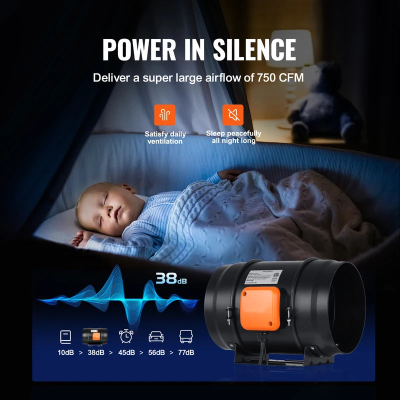 8-Inch Inline Duct Fan 750 CFM with Variable Speed Controller for Ventilation and Grow Tents