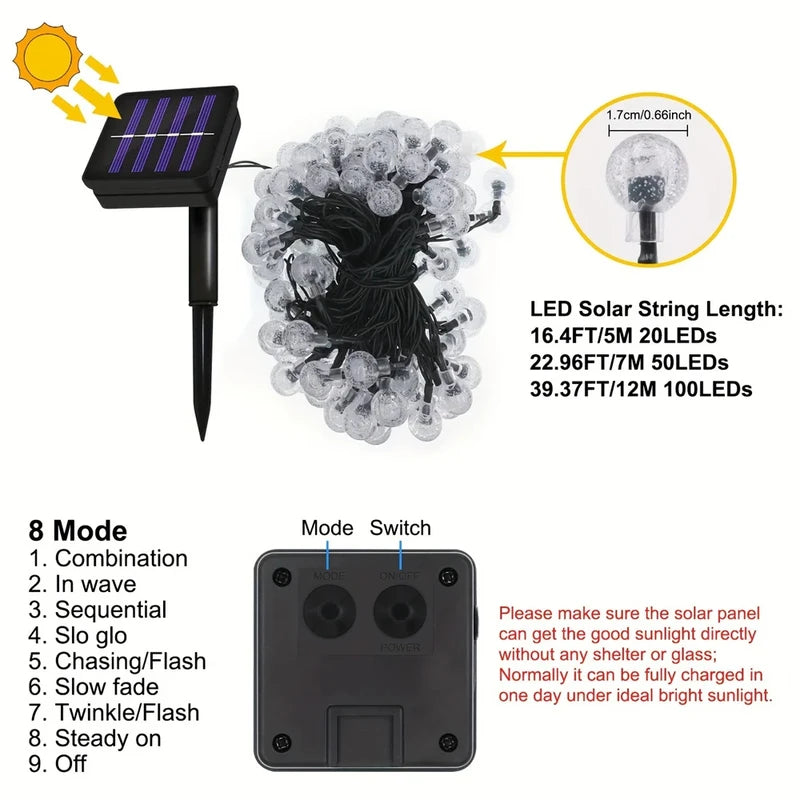 Outdoor Waterproof Solar String Lights with 8 Modes - 100LED Globe Lights