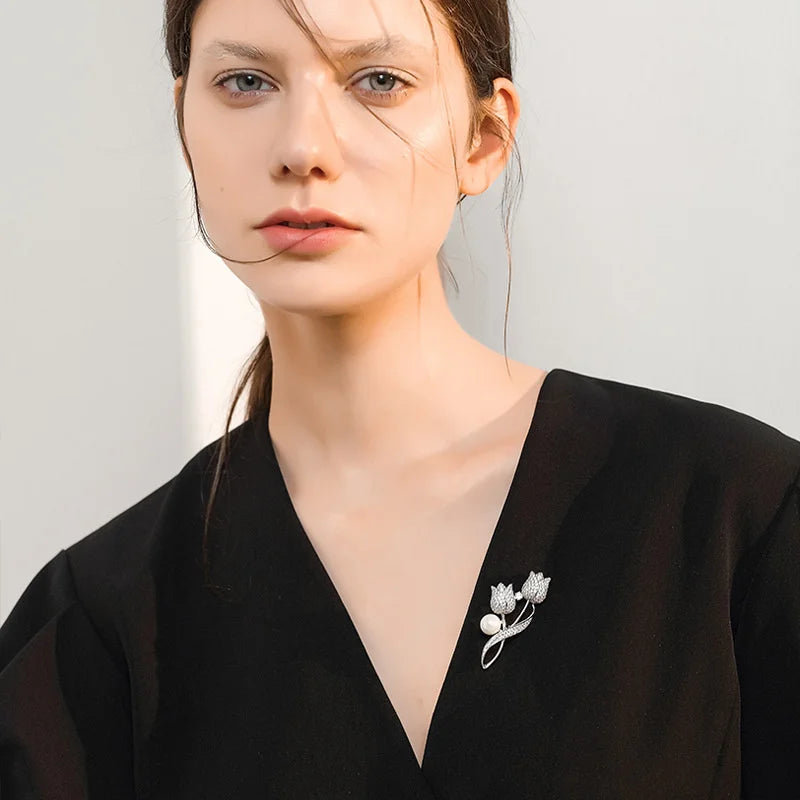 Luxury Tulip Flower Brooch with Rose White Stone - Elegant Jewelry Accessory