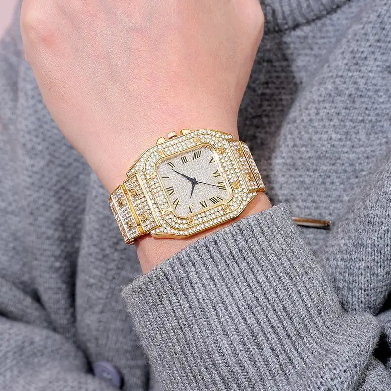 Luxury Diamond Square Quartz Watch for Men and Women with Stainless Steel Strap