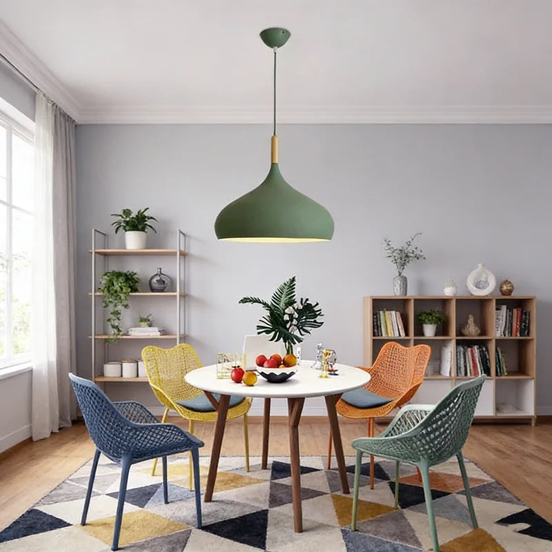 Colored Wooden Pendant Light Fixture for Bedroom & Living Room - LED Aluminum Lamp