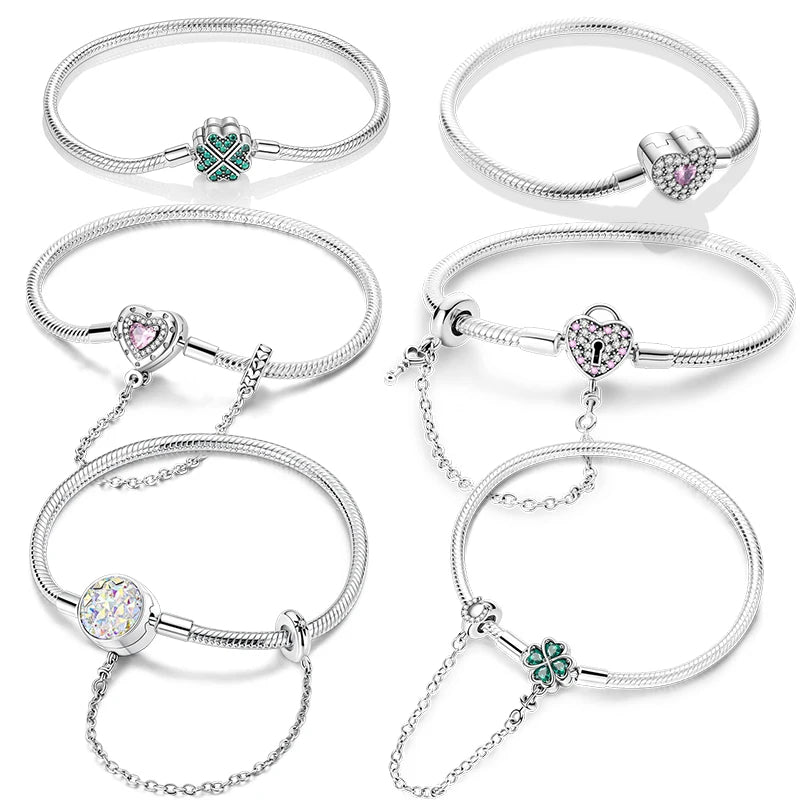 925 Silver Clover Heart Snake Chain Bracelet for Women Wedding Jewelry