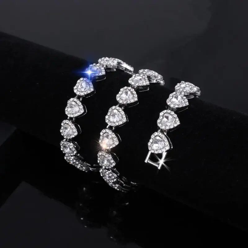 45cm Hip Hop Heart Rhinestone CZ Chain Necklace & Bracelet Jewelry Set