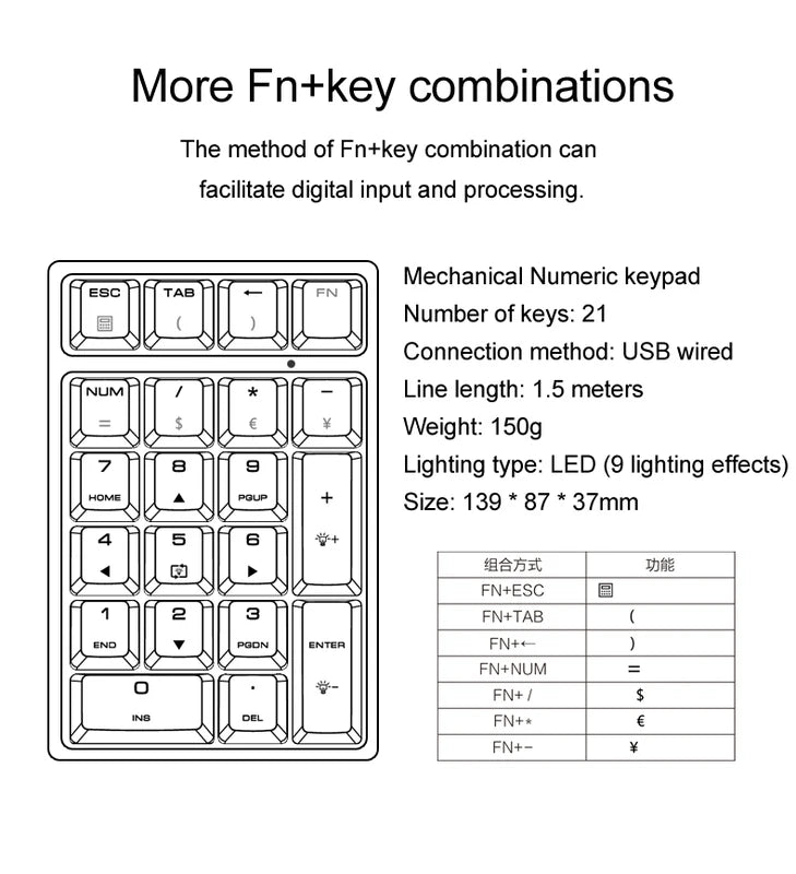 Mini Numeric Keypad RGB Backlight Blue Switch Portable Wired Number Pad for Financial & Office Use