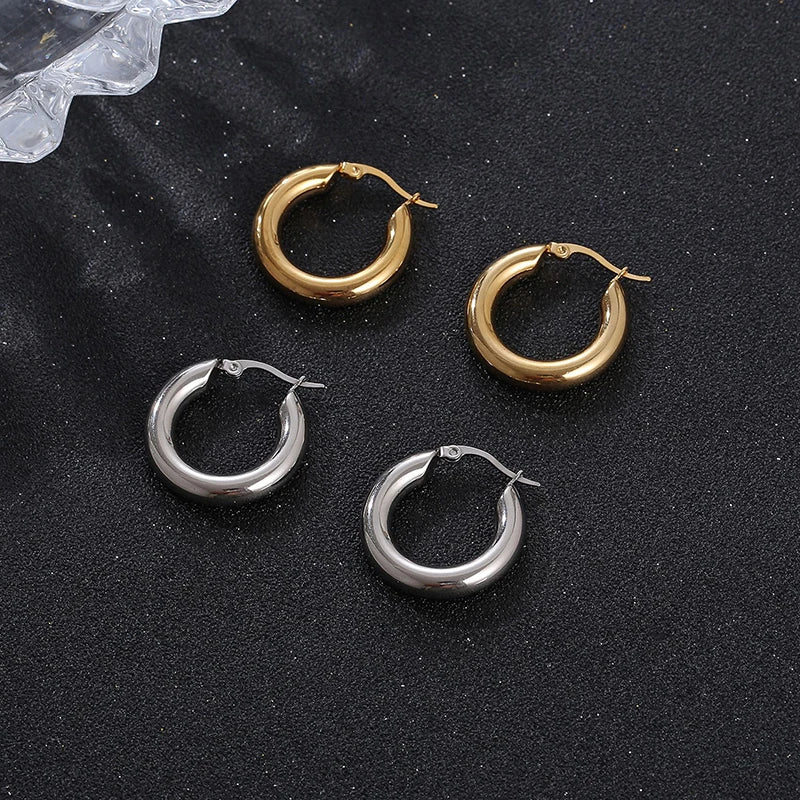 Classic Round Hoop Earrings for Women - Stainless Steel, 5mm Thick, Vintage Jewelry