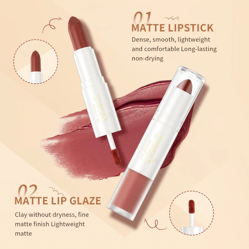 2 in 1 Matte Lipstick and Lip Gloss Set - Long Lasting, Waterproof, Double Head