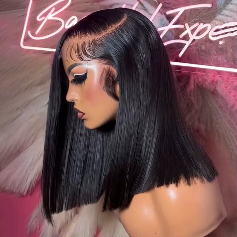 220% Density Human Hair Lace Front Bob Wigs 16 Inch Brazilian Remy Straight Hair
