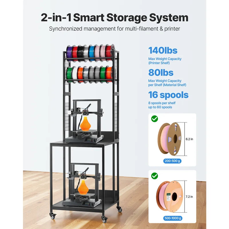 3D Printer Filament Storage Rack with Wheels - Multi-Tier Organizer for Office & Workshop