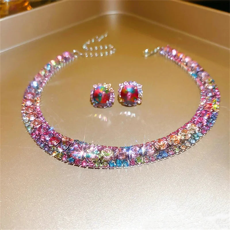 Colorful Crystal Necklace and Earrings Jewelry Set for Women Weddings Party