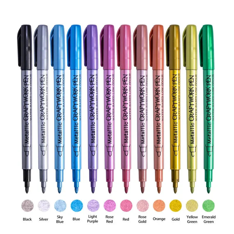 Metallic Paint Markers Set - Silver, Gold, 12 Colors for Black Paper Glass Rock Art