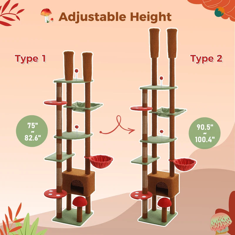 Adjustable Floor-to-Ceiling Cat Tree Tower with Condo Hammock & Scratching Post