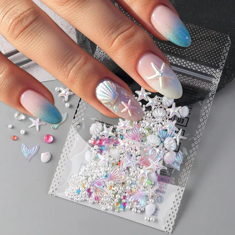 Summer Ocean Nail Charms Set with Shell Starfish Fish Pearl Beads Mermaid Decor for Manicure