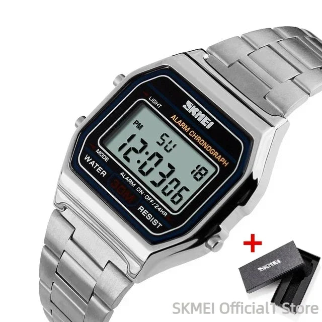Digital Sports Watch for Men Waterproof Stainless Steel Casual Wristwatch