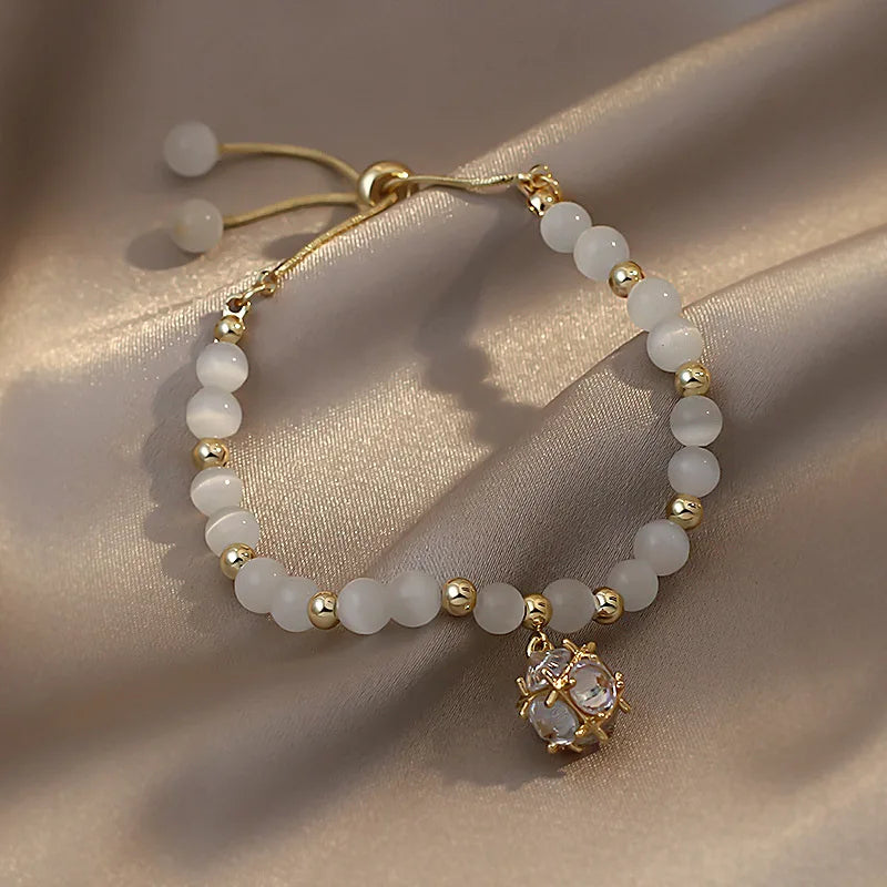 Women’s Cat Eye Stone Bead Bracelet Rhinestone Crystal Pendant Adjustable Jewelry
