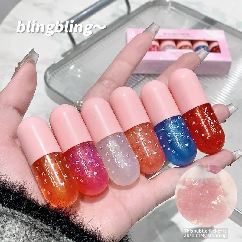 Shimmery Glitter Lip Gloss Set - 6 Highly Pigmented Long-Wear Colors