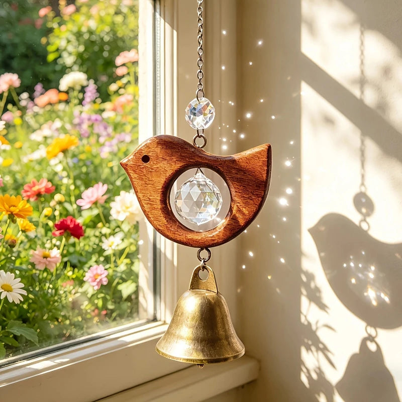 Beech Wood Crystal Wind Chime with Copper Bell - Garden Patio Wall Decor