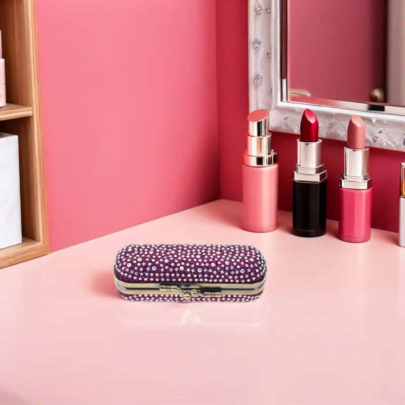Rhinestone Lipstick Storage Case with Mirror Compact - Travel Makeup Organizer