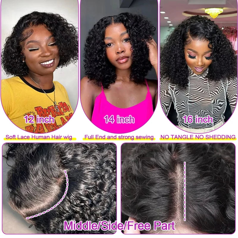 Deep Wave Glueless Human Hair Wigs 13x6 Lace Front Short Bob Style - Natural Black