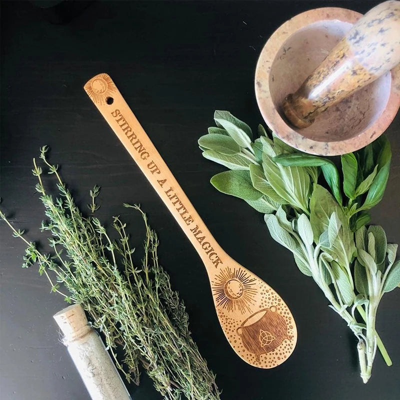 Halloween Witchy Bamboo Wooden Spoon Set - Eco-Friendly Kitchen Utensils - 3 Pieces with Mystical Engraved Designs