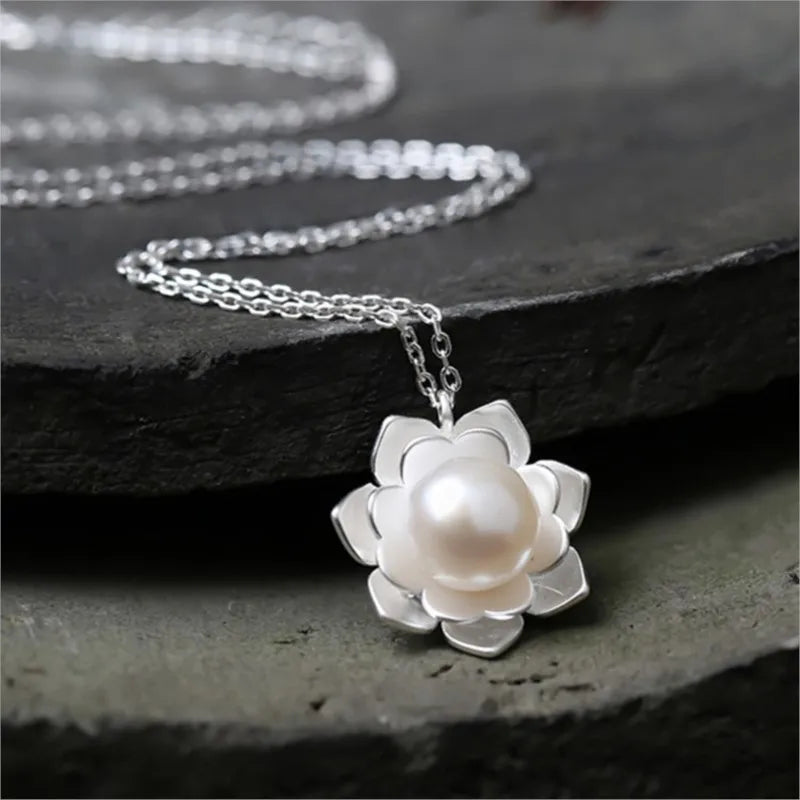 Sterling Silver Jewelry Necklace with White Lotus Shell Beads and Pearl Flower Pendant