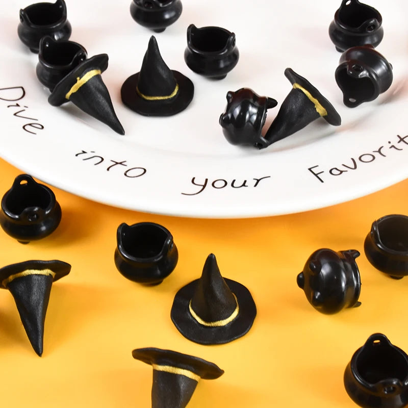 Halloween Miniature Witch Hats Set - Resin Cauldron Props for Party & Decor