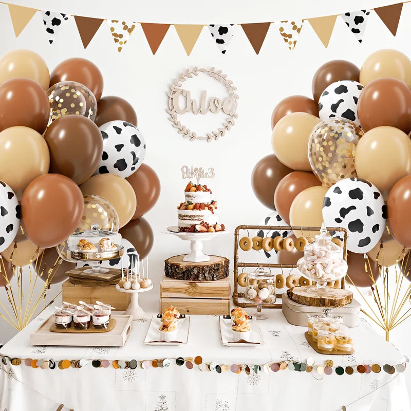 60pcs Cow Print Latex Balloons for Farm Cowboy Baby Shower Birthday Party Decor - Gold Confetti & Nude Brown